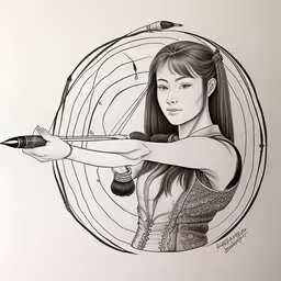 a pencil drawing of a woman holding a bow with a target at the center of the arrow,drawing of a girl with an arrow in her hand,the girl is holding an arrow with a sharp - edged look,a woman with a knife and an arrow is drawn,a drawing of a girl shooting an arrow with an ink pen