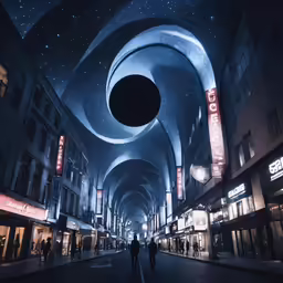 two people walking down a dark city street