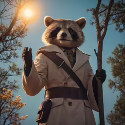 a person dressed in a trench coat and a raccoon mask