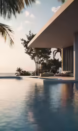 a swimming pool with an outdoor patio and lounge chairs