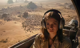 a girl wearing headphones is flying in the air