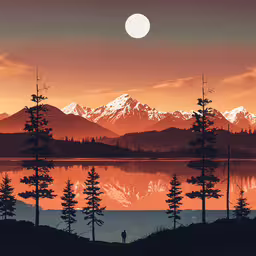 a sunset view of a mountain range with pine trees on the edge and a single person standing in the foreground,the sun is setting over a lake with trees in front of it