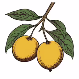 two peaches on a branch with leaves on it
