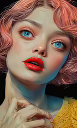a woman with red hair and blue eyes posing for a photo