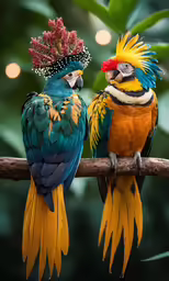 two brightly colored parrots are sitting on a tree branch