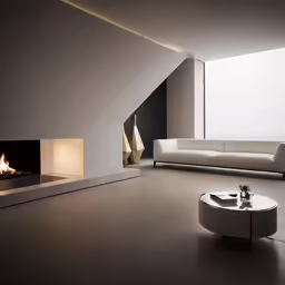 modern living room with fireplace and white leather furniture