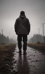 person in a parka and boots walking down a dirt road