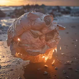 a shell laying on a sandy beach with a sunset behind it