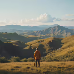 man in a yellow jacket walking on grass and hills
