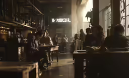 a group of people in a restaurant with many bottles