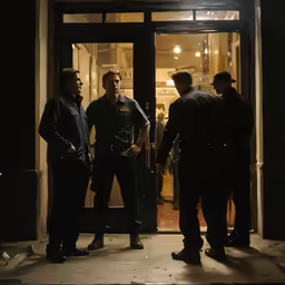 three men in uniform stand outside of a building