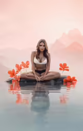 a beautiful woman sitting on the ground next to a pool with some flowers