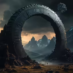 an image of a strange portal in the mountains