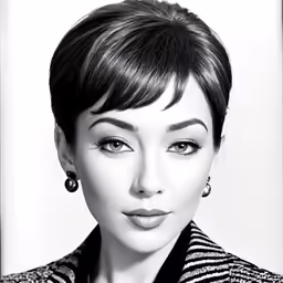 a woman in a striped jacket with short hair