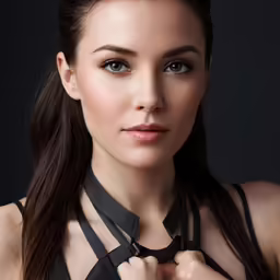 a woman with brown hair posing in a black shirt and tie