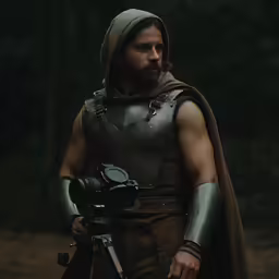 a man dressed in armor holding a camera