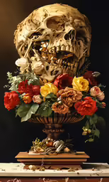 an art work featuring flowers and a human skull