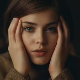 a beautiful young lady with blue eyes and a brown sweater
