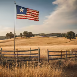 a flag flying above an old wooden fence