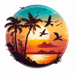 a tropical sunset with a bird flying over the water