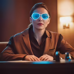 a woman wearing sunglasses while sitting at a table