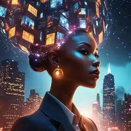 a black woman with a futuristic headdress looks at the city
