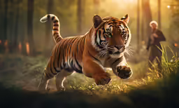 the man and tiger is in the woods with trees