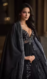 a beautiful woman posing in a black gown