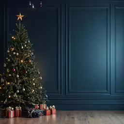 a christmas tree with presents in its bottom left corner