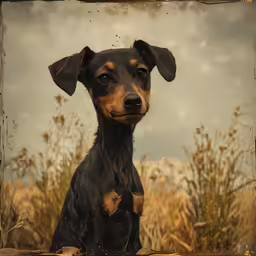 a black and brown dog sits in front of a field