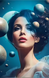 a beautiful woman with lots of planets flying around her