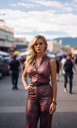 a woman is standing on the street wearing pants