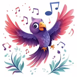 an illustration of a pretty purple bird with a music note in the beak