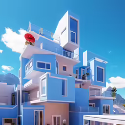a building with blue and white painted walls