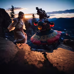 woman sitting on top of a mountain next to a sculpture