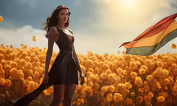 woman with large flag looking at camera in field of yellow flowers