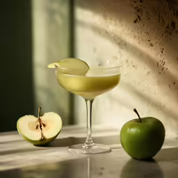 green apples, an apple and a martini are arranged in the center of the shot