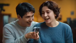there is a male and female laughing at something on the phone