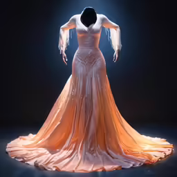 a gown on display in a dark room