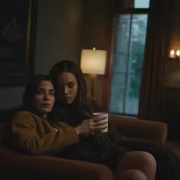two young women sitting on the couch and holding a coffee mug
