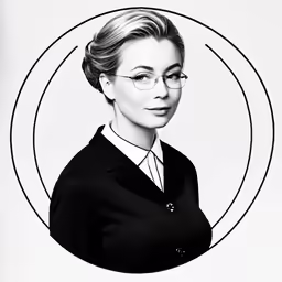 a woman in a suit and glasses poses in a circle