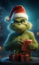 an animated grin with a christmas hat and gifts