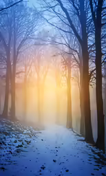 a path through an empty forest in winter with the sun glaring in