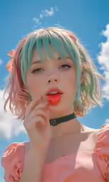 a beautiful woman in pink lipstick holding a pink cigarette