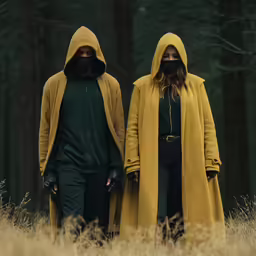 two people wearing hooded jackets in a forest