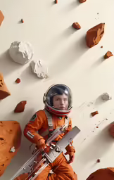 a boy wearing an orange astronaut suit with a machine gun