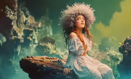 a girl in a white dress is sitting on a rock
