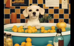 a dog that is taking a bath in a tub
