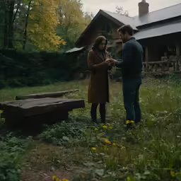a man and woman talking near a log in the woods