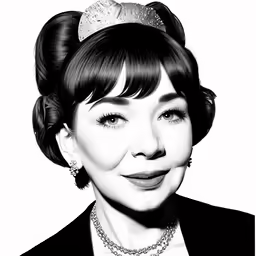 a black and white photo of an asian woman wearing a tiara